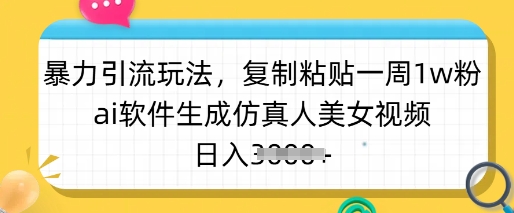暴力引流玩法，复制粘贴一周1w粉，ai软件生成仿真人美女视频，日入多张-爱学库